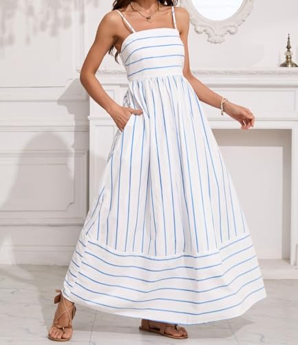 yoeasy Women's Striped Spaghetti Strap Cutout Maxi Dress Sleeveless Backless Flowy Swing Long Dress (XX-Large, Blue White) - Image 4