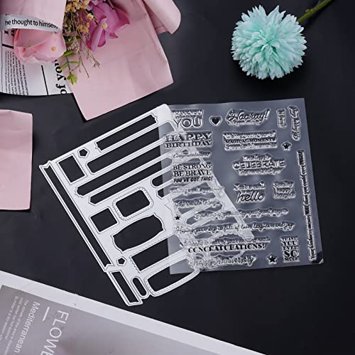 Sucrain 2pcs Metal Dies Cut and Clear Silicone Stamp, for Card Making Paper Craft Scrapbooking Album DIY, Sentiment Words Stencils Carbon Steel Embossing Template - Image 3