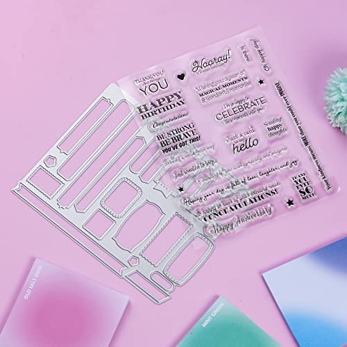 Sucrain 2pcs Metal Dies Cut and Clear Silicone Stamp, for Card Making Paper Craft Scrapbooking Album DIY, Sentiment Words Stencils Carbon Steel Embossing Template - Image 5