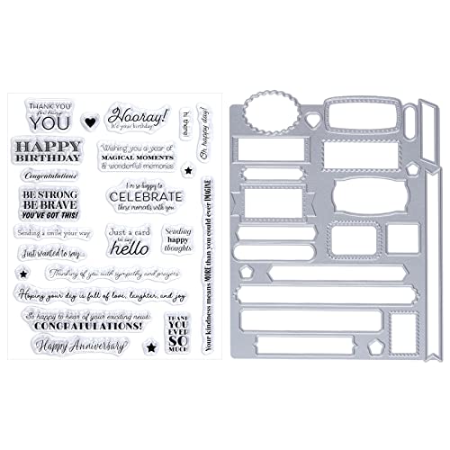 Sucrain 2pcs Metal Dies Cut and Clear Silicone Stamp, for Card Making Paper Craft Scrapbooking Album DIY, Sentiment Words Stencils Carbon Steel Embossing Template - Image 1