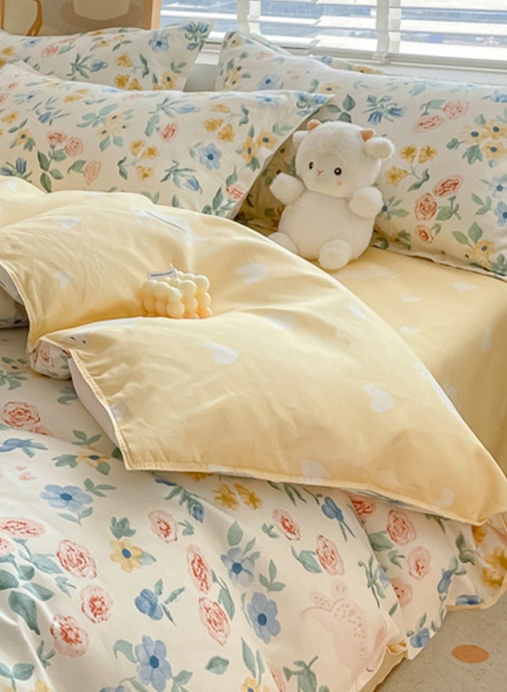 طقم سرير من أربع قطع بنمط زهور فاتحة اللون، مقاس 200*230 سم، مزدوج/كينج، قطن أصفر - Image 5