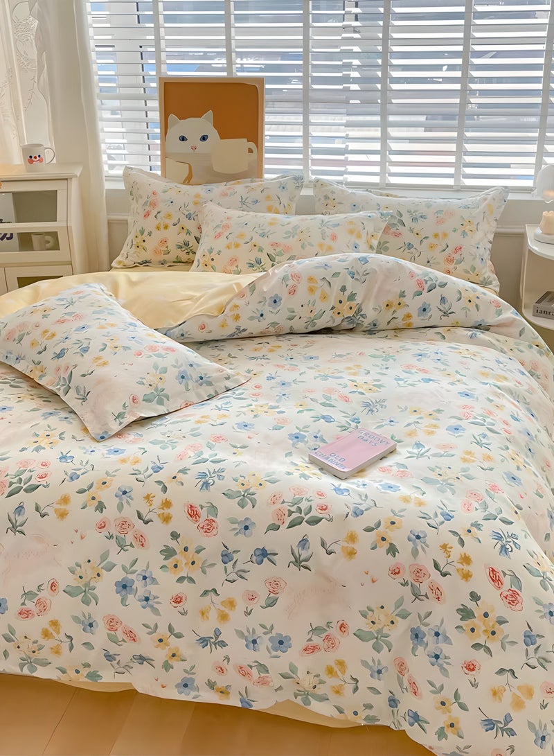 طقم سرير من أربع قطع بنمط زهور فاتحة اللون، مقاس 200*230 سم، مزدوج/كينج، قطن أصفر - Image 1