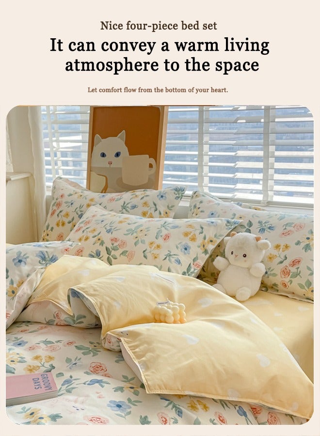 طقم سرير من أربع قطع بنمط زهور فاتحة اللون، مقاس 200*230 سم، مزدوج/كينج، قطن أصفر - Image 4