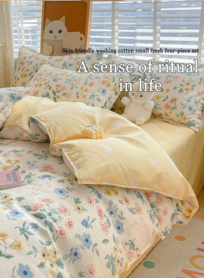 طقم سرير من أربع قطع بنمط زهور فاتحة اللون، مقاس 200*230 سم، مزدوج/كينج، قطن أصفر - Image 2