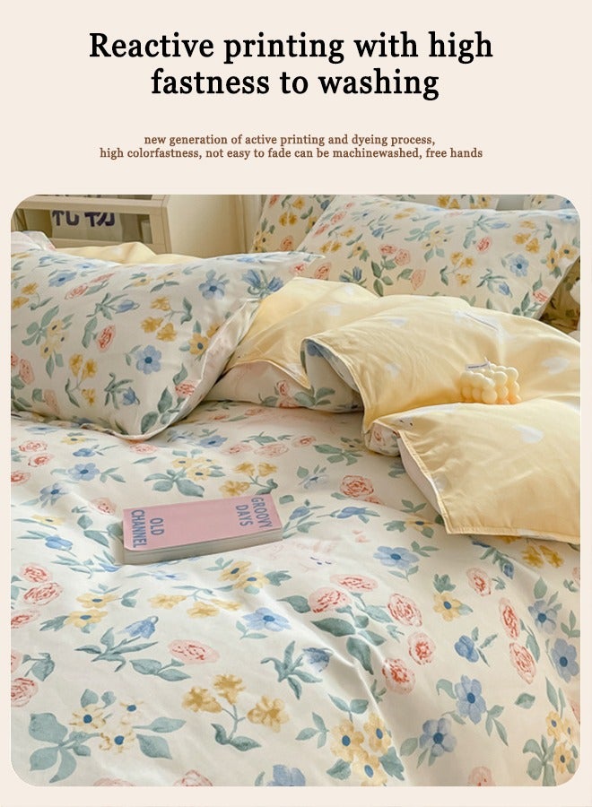 طقم سرير من أربع قطع بنمط زهور فاتحة اللون، مقاس 200*230 سم، مزدوج/كينج، قطن أصفر - Image 3