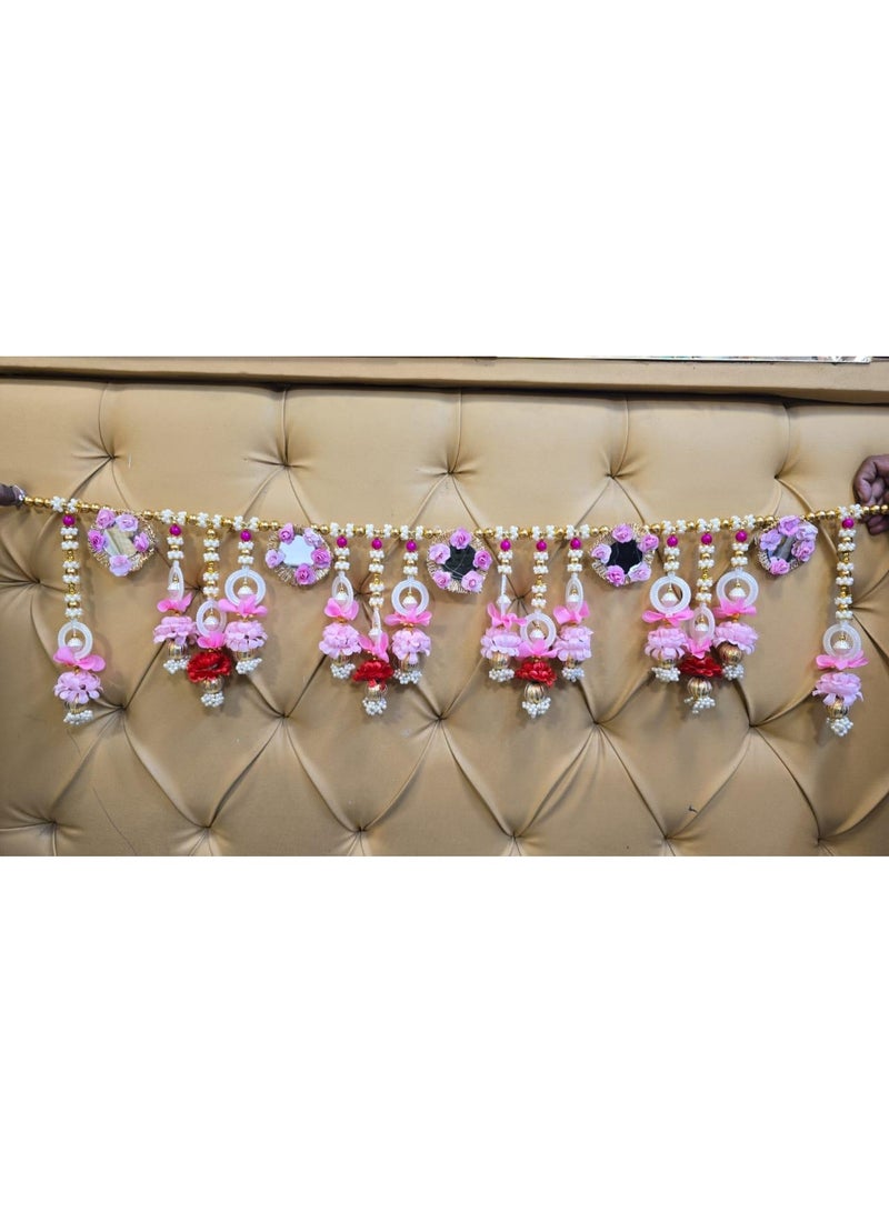 Decorative Fancy Toran/  40 Inches / Handmade Door Toran, Traditional Bandarwal Decor ,Vibrant Pink and Red Floral Door Hanging with Mirrors