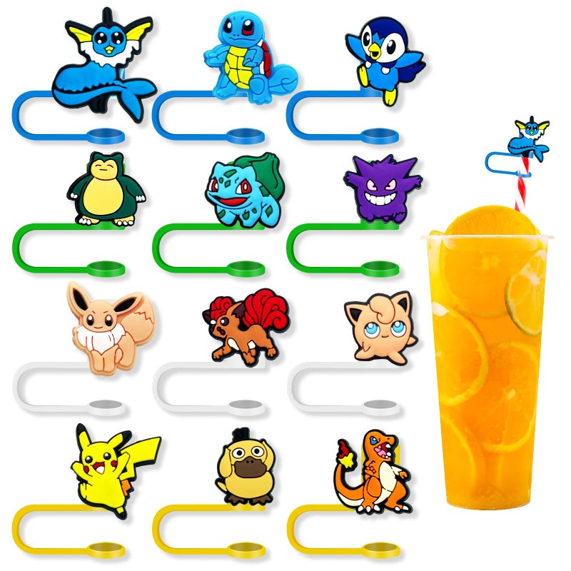 Garetheora 12Pcs Straw Covers Cap for Tumblers Cute Cartoon Straw Topper Silicone Straw Tip Covers for Drinking Straws 12Pcs Anime 8mm 91 