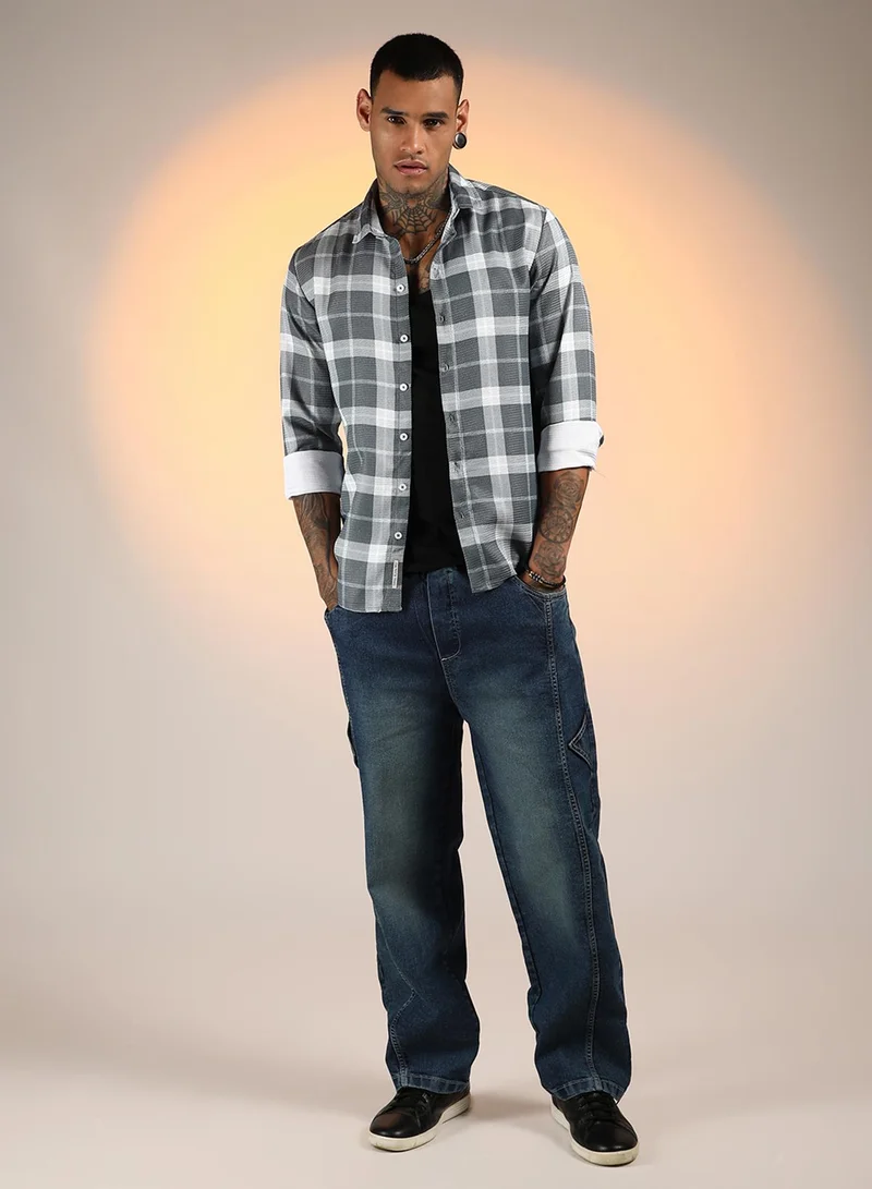 كامبوس سوترا Men's Slate Grey Tartan Plaid Shirt