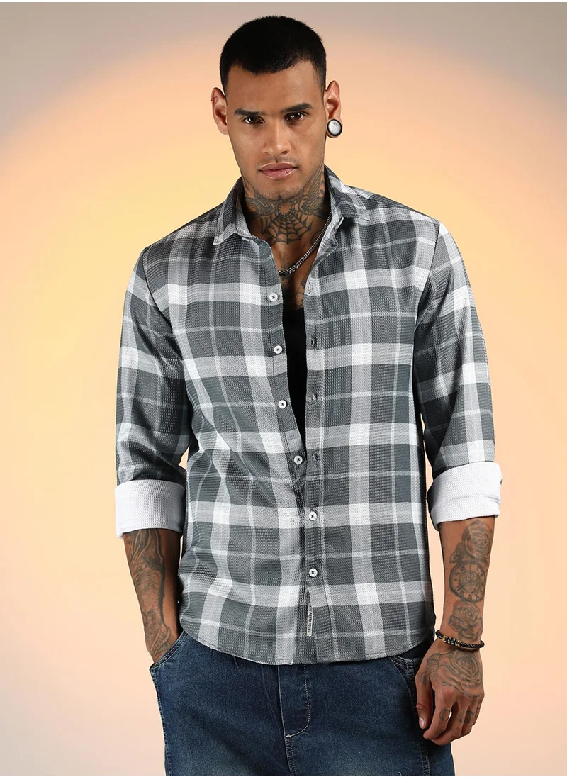 Campus Sutra Men's Slate Grey Tartan Plaid Shirt