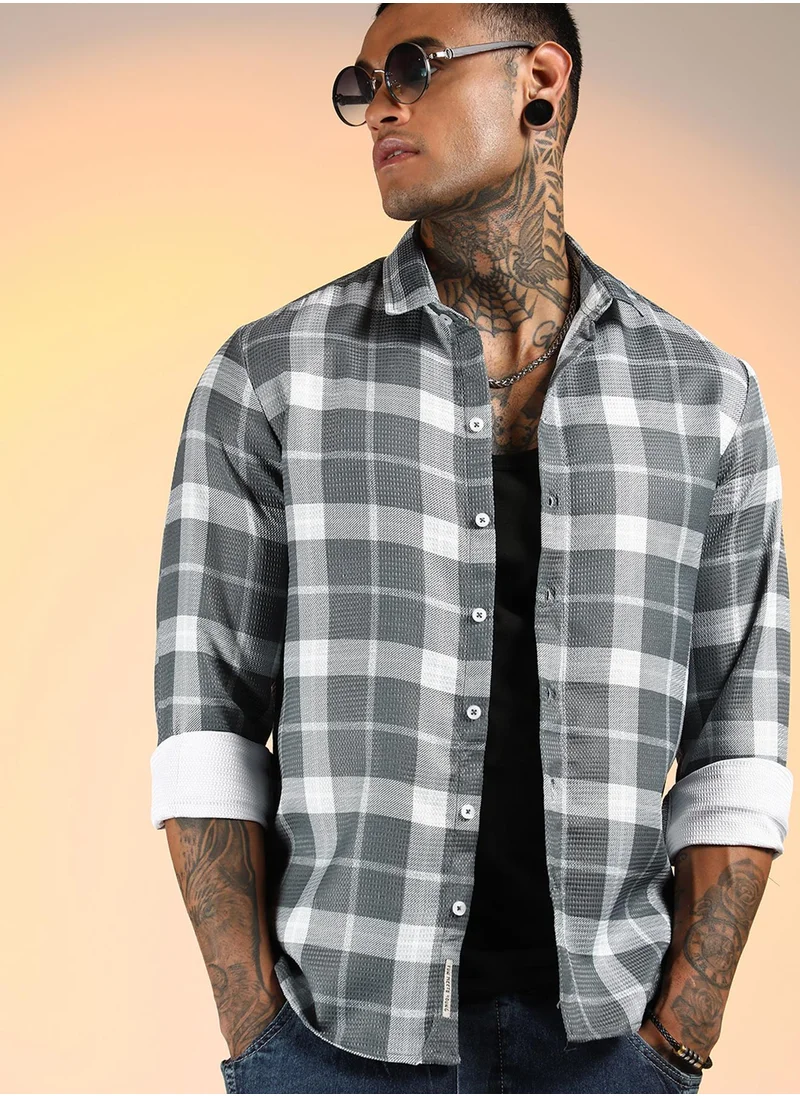 Campus Sutra Men's Slate Grey Tartan Plaid Shirt