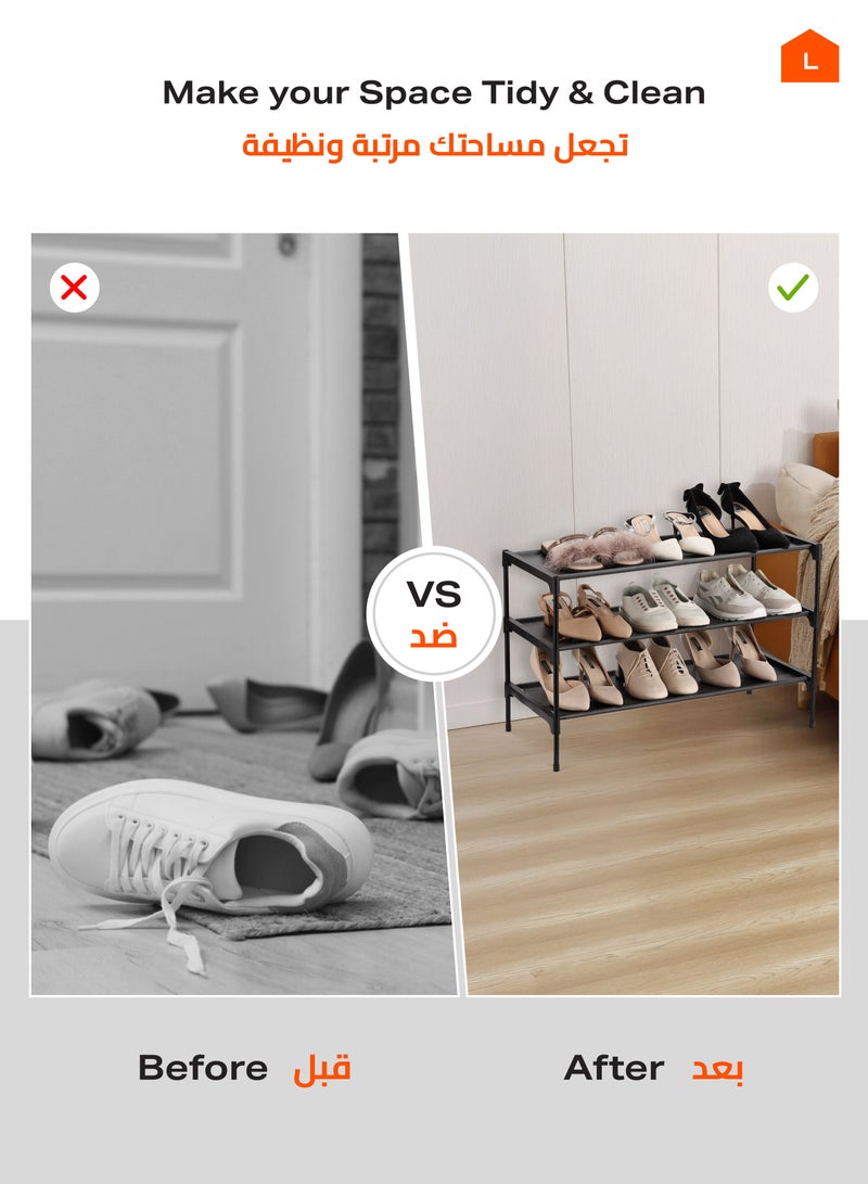 LAWAZIM Non-Woven Triple Shoe Rack - Black - Lightweight 3-Tier Shoe Organizer with Durable Fabric Shelves and Space-Saving Storage for Entryway, Closet, Bedroom, or Garage v - Image 3