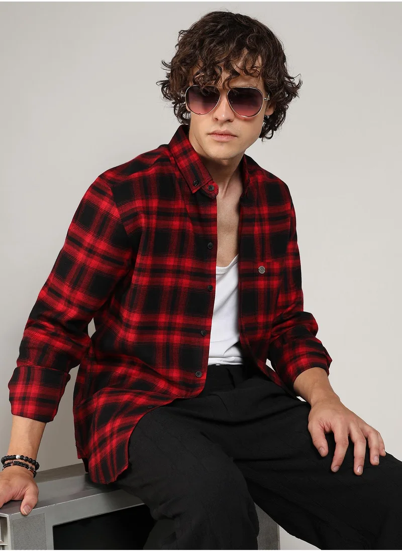 Campus Sutra Men's Midnight Black & Scarlet Red Brushed Buffalo Check Shirt