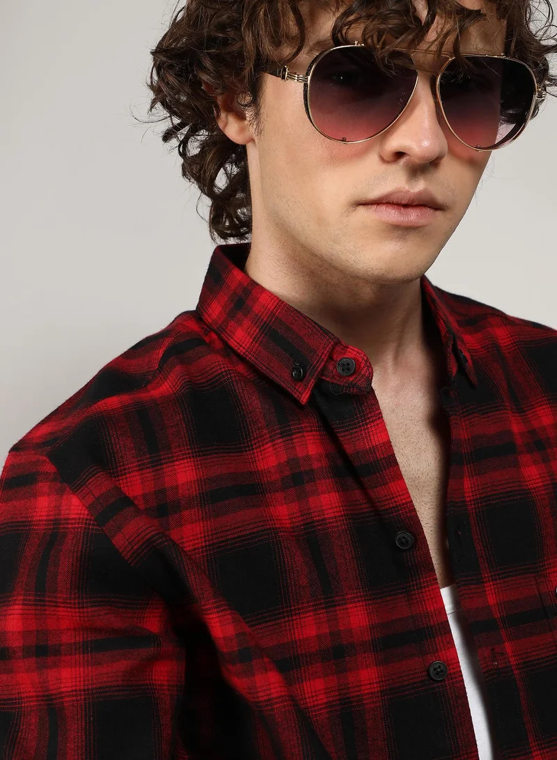كامبوس سوترا Men's Midnight Black & Scarlet Red Brushed Buffalo Check Shirt