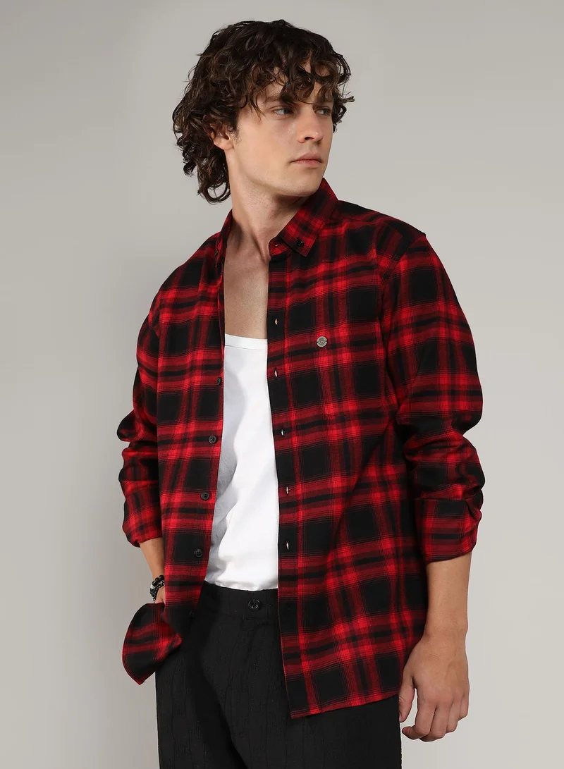 كامبوس سوترا Men's Midnight Black & Scarlet Red Brushed Buffalo Check Shirt