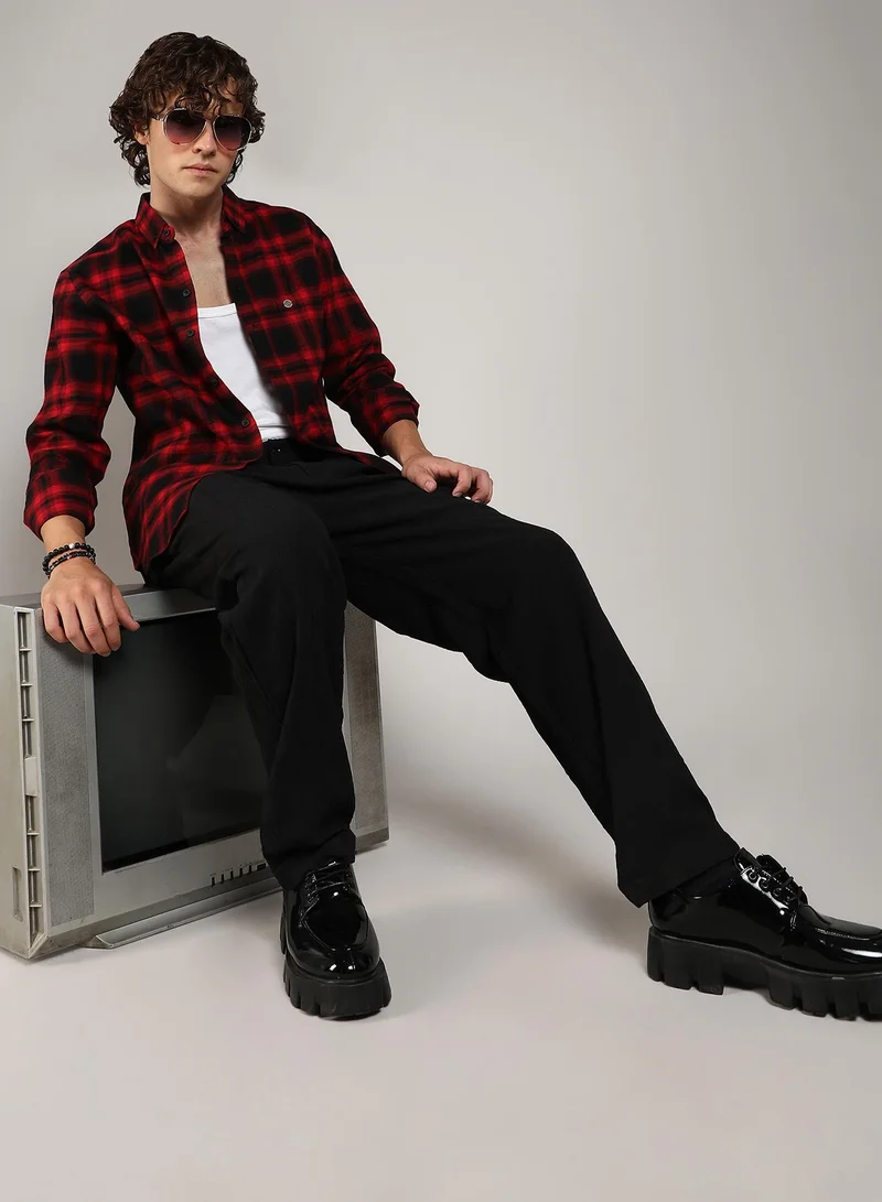 كامبوس سوترا Men's Midnight Black & Scarlet Red Brushed Buffalo Check Shirt