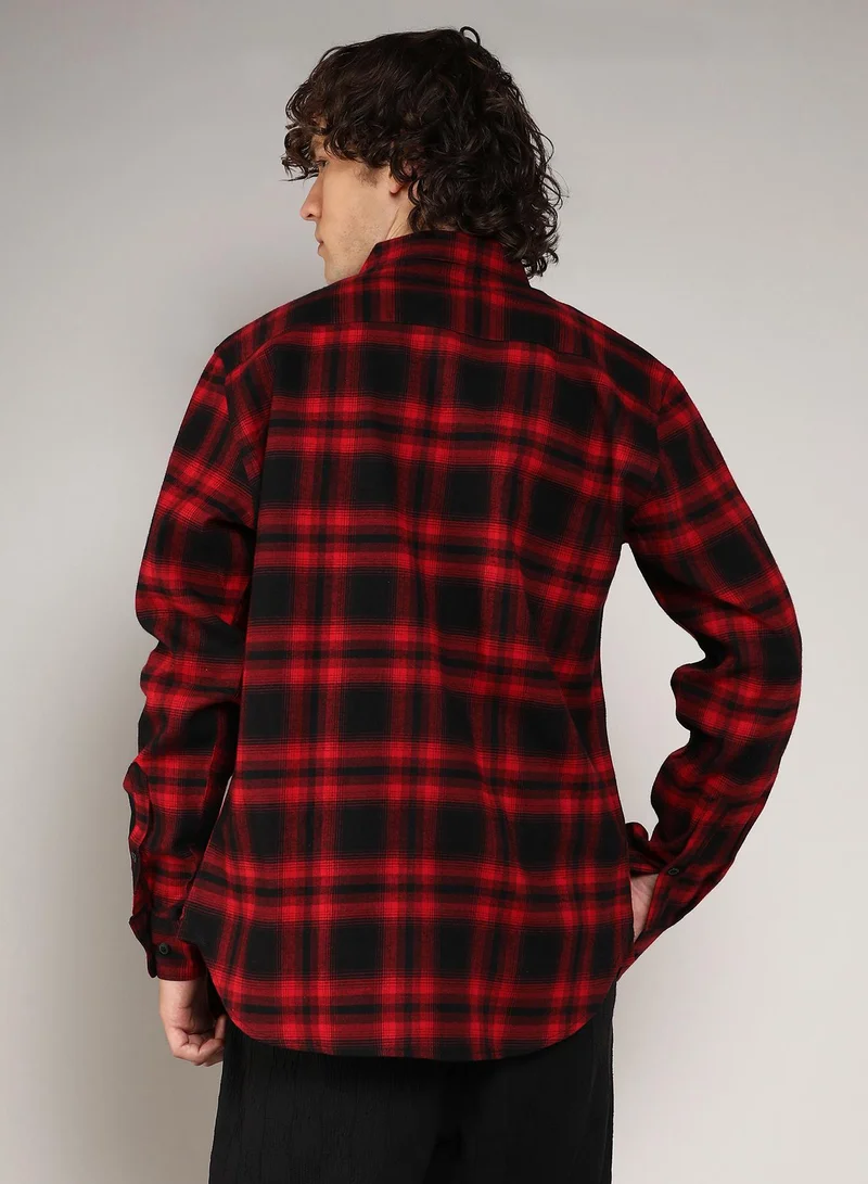 كامبوس سوترا Men's Midnight Black & Scarlet Red Brushed Buffalo Check Shirt