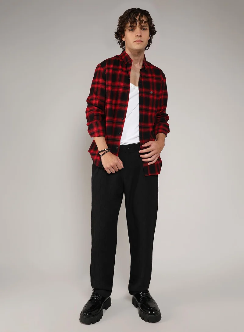كامبوس سوترا Men's Midnight Black & Scarlet Red Brushed Buffalo Check Shirt
