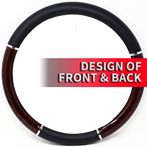 Custom Accessories 35710P Black Steering Wheel Cover with Woodgrain Design and Chrome Trim - Image 3