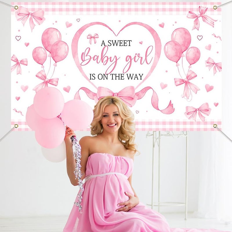 Mocsicka Pink Bow Baby Shower Banner Backdrop for Coquette Theme Baby Decorations, Coquette Baby Girl Baby Shower Party Decorations - Image 3