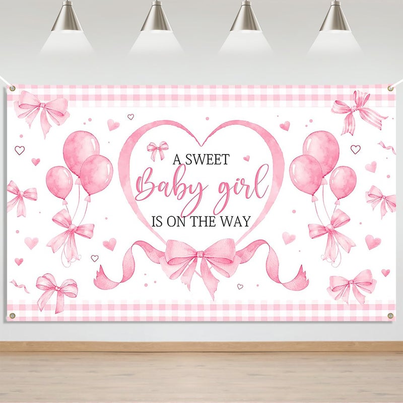 Mocsicka Pink Bow Baby Shower Banner Backdrop for Coquette Theme Baby Decorations, Coquette Baby Girl Baby Shower Party Decorations - Image 1