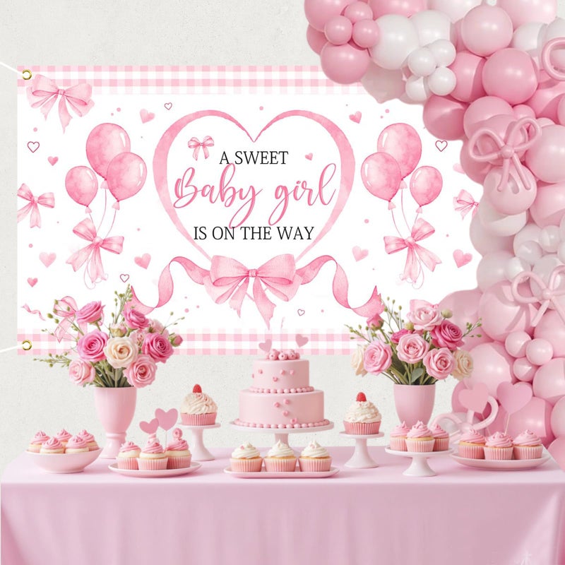 Mocsicka Pink Bow Baby Shower Banner Backdrop for Coquette Theme Baby Decorations, Coquette Baby Girl Baby Shower Party Decorations - Image 2