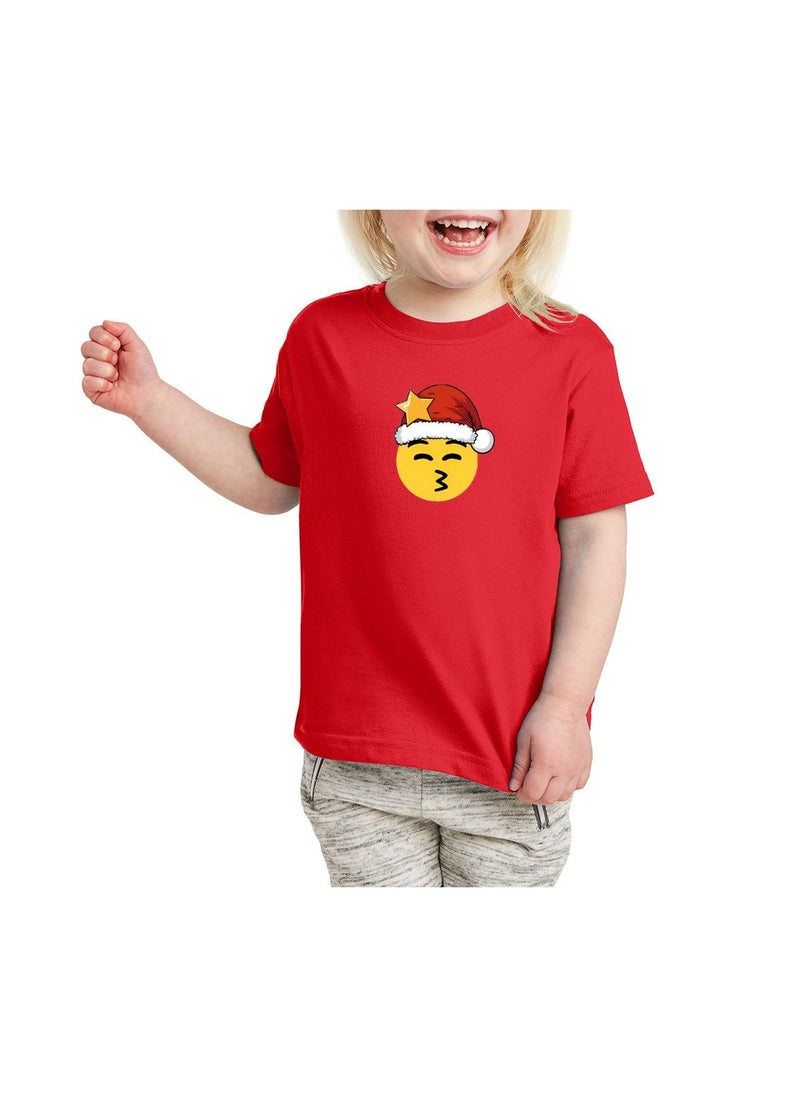 PRINTSHOP4ME - Christmas Emoji Kids Red T-Shirt For Girls–Soft Cotton Round Neck Short Sleeve T-Shirt With Smiley Face Emoji–Great For Parties - Image 1