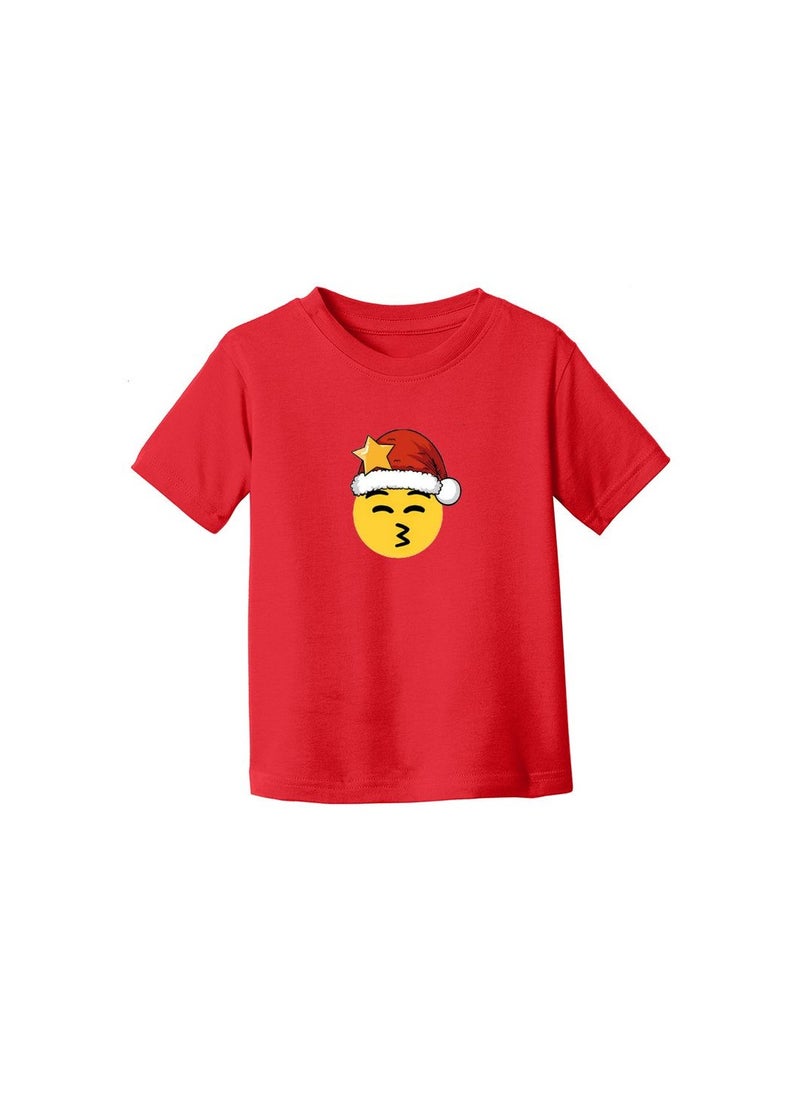 PRINTSHOP4ME - Christmas Emoji Kids Red T-Shirt For Girls–Soft Cotton Round Neck Short Sleeve T-Shirt With Smiley Face Emoji–Great For Parties - Image 1