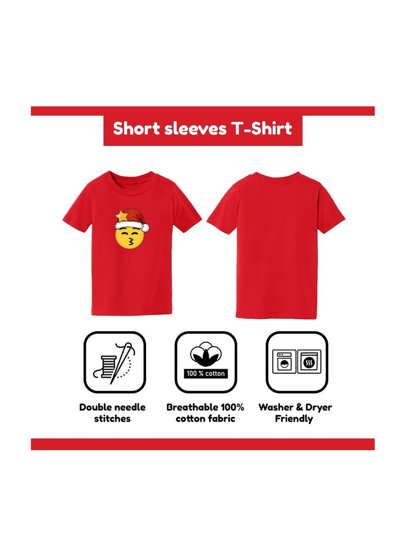 PRINTSHOP4ME - Christmas Emoji Kids Red T-Shirt For Girls–Soft Cotton Round Neck Short Sleeve T-Shirt With Smiley Face Emoji–Great For Parties - Image 1