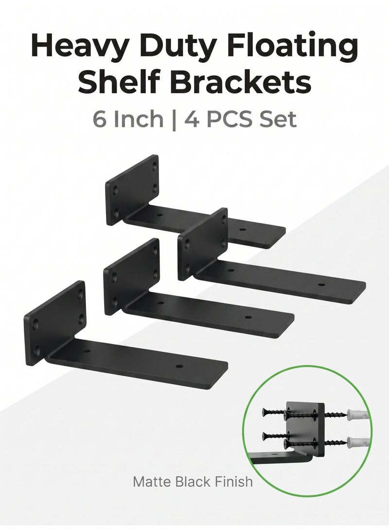 nihao 4 Pack Shelf Brackets  6 Inch Floating Shelf Bracket 1/5 inch Thick Heavy Duty Hidden Shelf Brackets Iron Metal Brackets for Shelf Support with Screw Included -15cm - Image 1