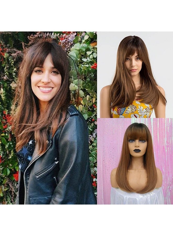 LUSH LOCKS ® Human Wigs With Bangs Long Straight Brunette Wig Natural Look Realistic Synthetic Hair Wig For Women And Girl (Brown)  - Image 1