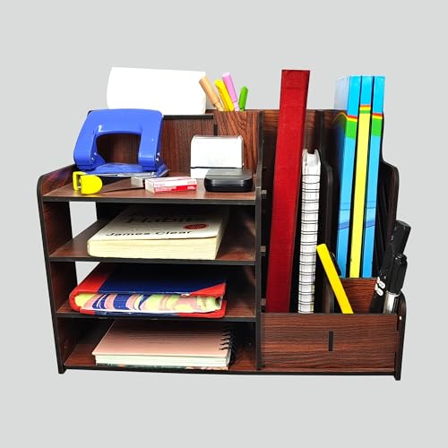 Woodkey Wooden Desk Organizer A multifunctional desktop organizer designed for office use. Perfect for storing files,pens,tissues,printer paper,calculators (Rolex Darkwood),Stationary,Dark Brown - Image 1