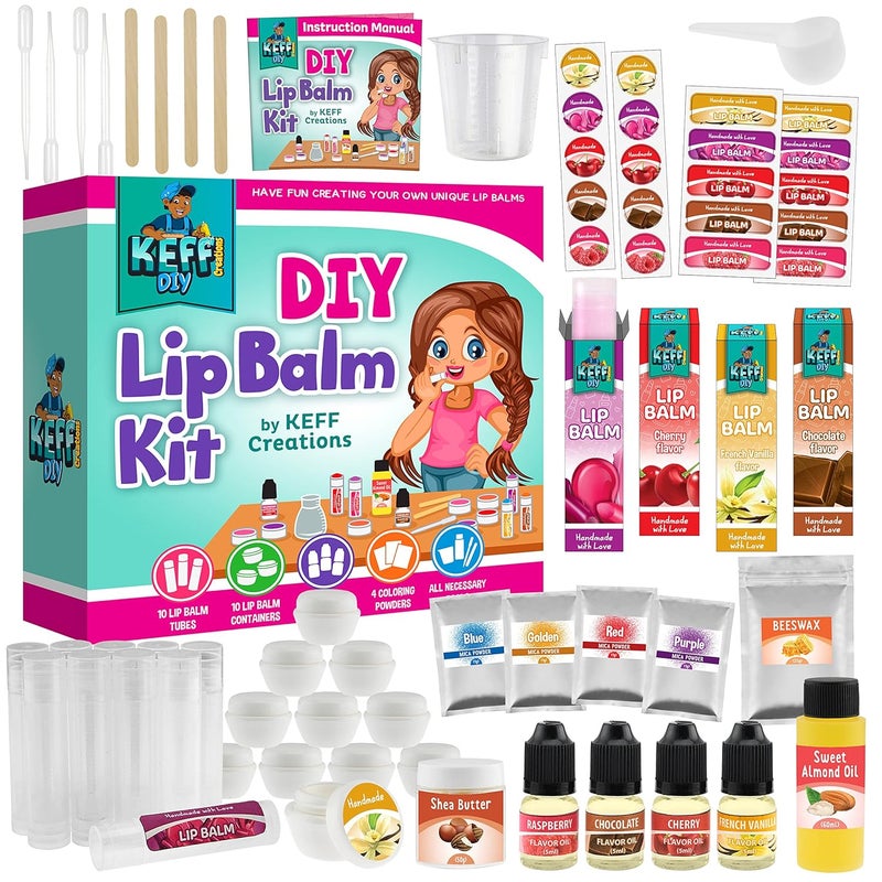 KEFF 51Pcs Lip Balm Making Kit  DIY Lip Balm Set for Teens with Natural Ingredients  Make Your Own Lip Gloss  Lip Balm for Kids Makeup Kit with Beeswax Shea Butter Flavor Oils Mica Color Powders