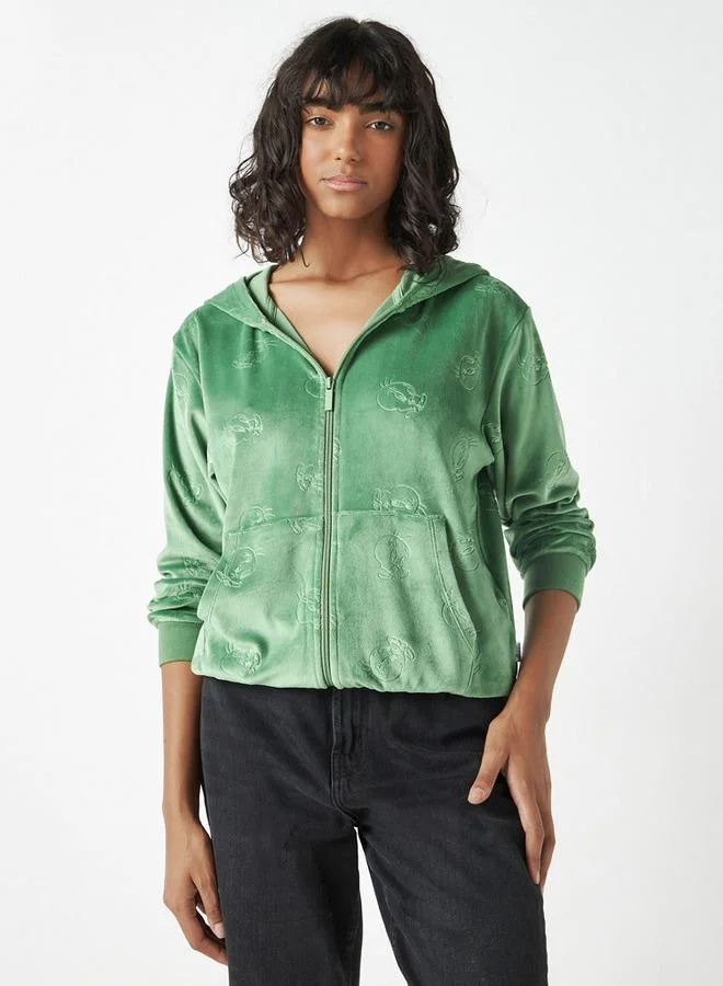 Tweety Embossed Zip Through Hoodie with Long Sleeves and Pockets
