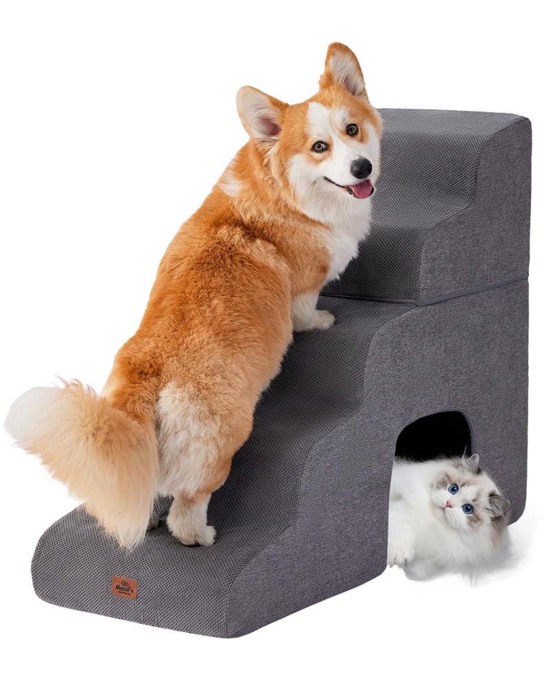 MASSFU Gray Curved Dog Stairs Ramp for High Beds 28.7" H, 5-Step Dog Steps for Small Dogs and Cats, Pet Stairs for High Bed Climbing, Non-Slip Balanced Pet Step - Image 1