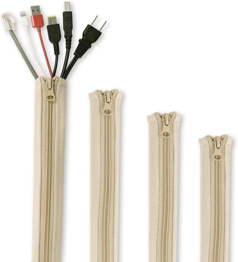 StangH Cable Management Sleeve Organizer - 19 Inch Home and Office Zip-up Cable Sleeve Wire Organizer Flexible Cord Concealer Wrap, Electrical Cord Covers for TV/Computer/Desk, 4 Pieces -Beige - Image 1