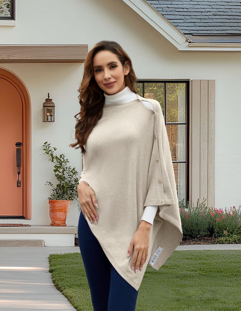 Puli بونشو نسائي خفيف الوزن محبوك مع زر صدفي، وشاح كيب متعدد الاستخدامات لفصل الربيع والصيف والخريف، لفة الشعير - Image 2