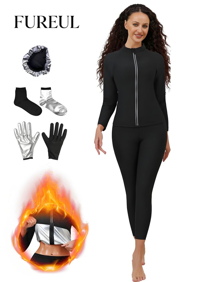 فوريول طقم ملابس ساونا نسائي للتعرق وإنقاص الوزن، يتكون من بلوزة بأكمام طويلة وسحاب وبنطال عالي الخصر لتشكيل الجسم، بالإضافة إلى قفازات وجوارب وقبعة. - Image 1