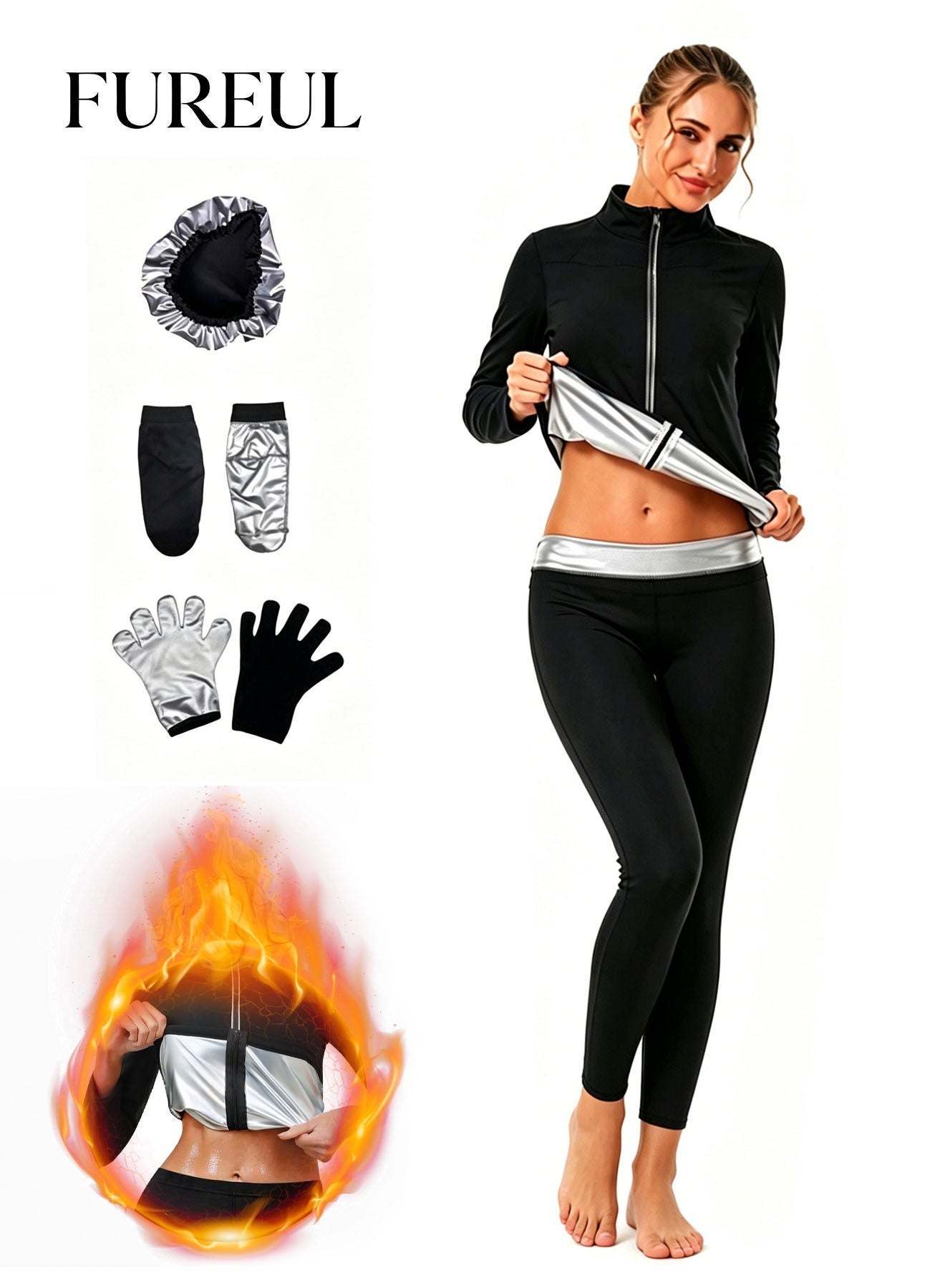 Women’s Sauna Suit Set for Weight Loss, Premium High-Quality Breathable Fabric Quick-Dry Sweat-Wicking Compression Outfit, Zipper Long Sleeve Top & High-Waist Shaping Pants with Gloves & Shoe Covers headgear