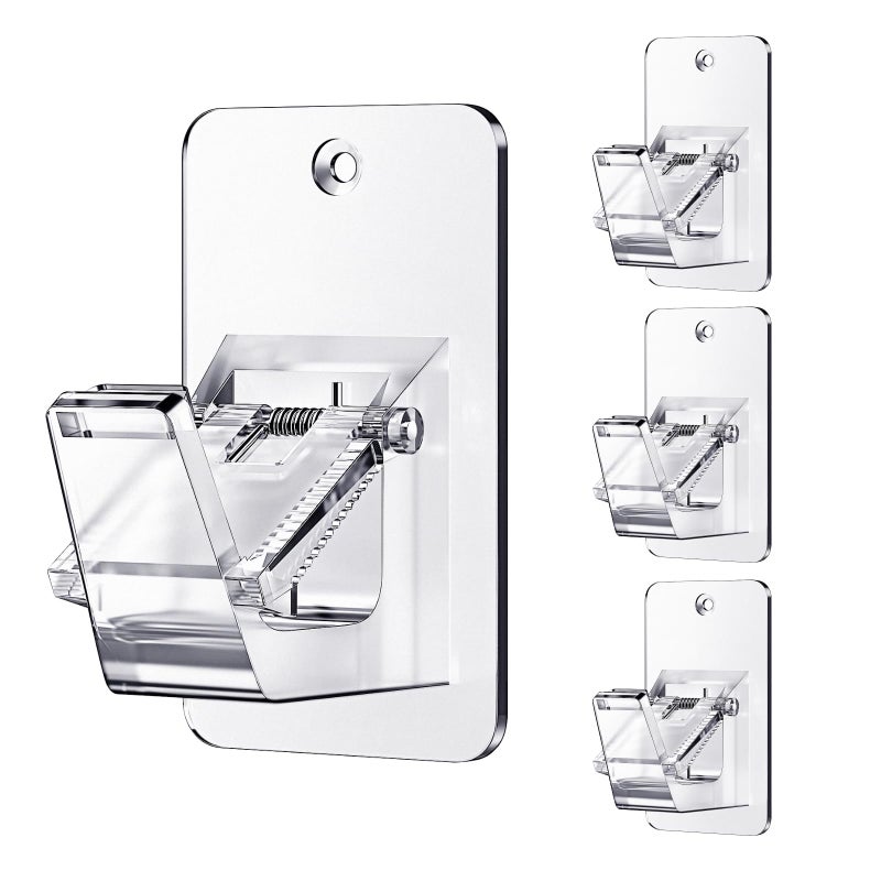 BMONATY Adhesive No Drill Curtain Rod Brackets - Heavy Duty 30LB Holders for Bathroom Bedroom Kitchen, Universal Damage-Free Window Rod Hooks with Nail-Free Installation (4PC Transparent) - Image 1