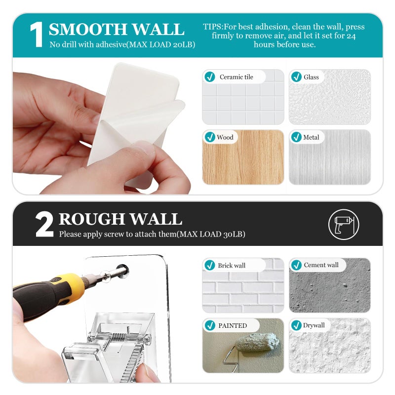 BMONATY Adhesive No Drill Curtain Rod Brackets - Heavy Duty 30LB Holders for Bathroom Bedroom Kitchen, Universal Damage-Free Window Rod Hooks with Nail-Free Installation (4PC Transparent) - Image 5