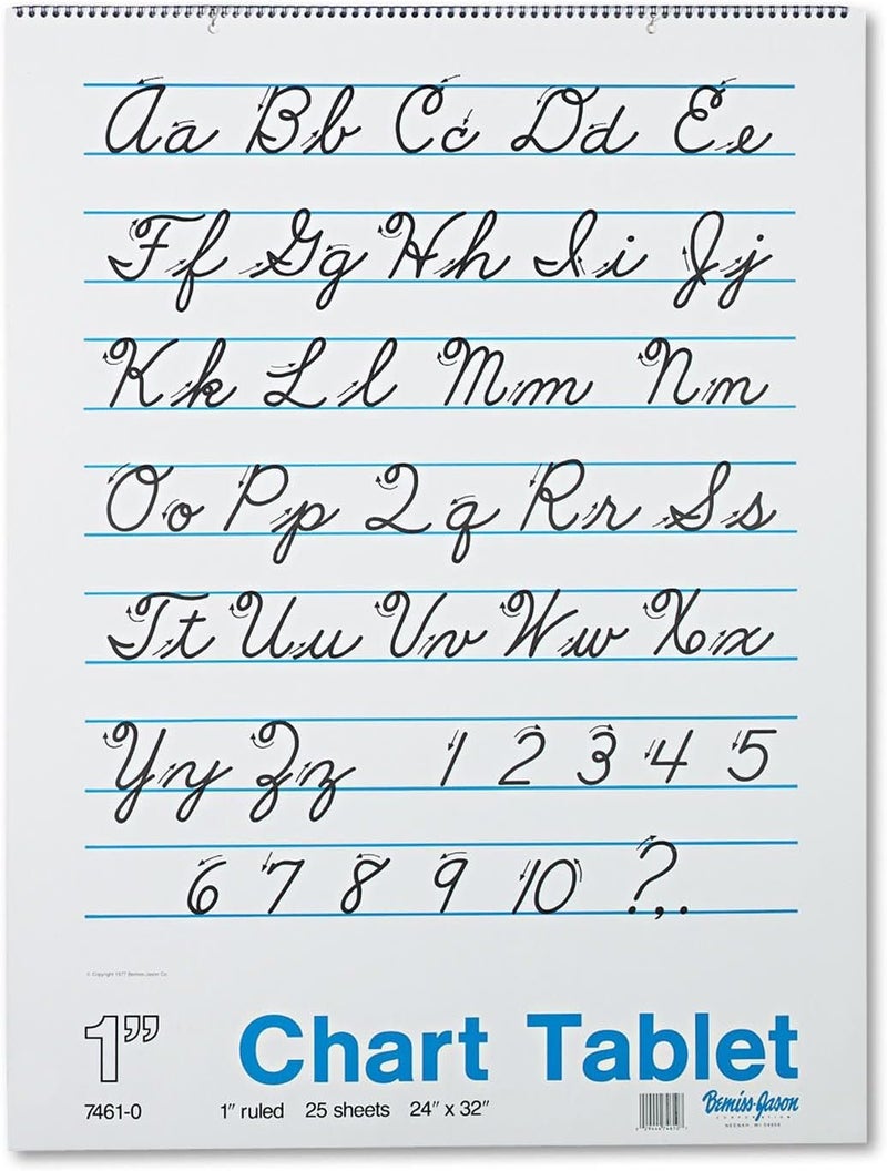 Products - - Chart Tablets w/Cursive Cover, Ruled, 24 x 32, White, 25 Sheets/Pad - Sold As 1 Each - Perfect for classroom demonstrations of handwriting. - Tablet has white sulfite bond paper and a stiff cover. - Pages are two-hole punched.
