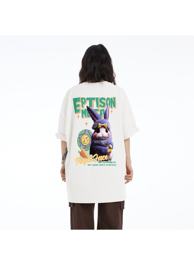 EPTISON Summer Youthful Cute Rabbit Print Short Sleeve Women's T-shirt - 230gsm Oversized Tee - Image 3
