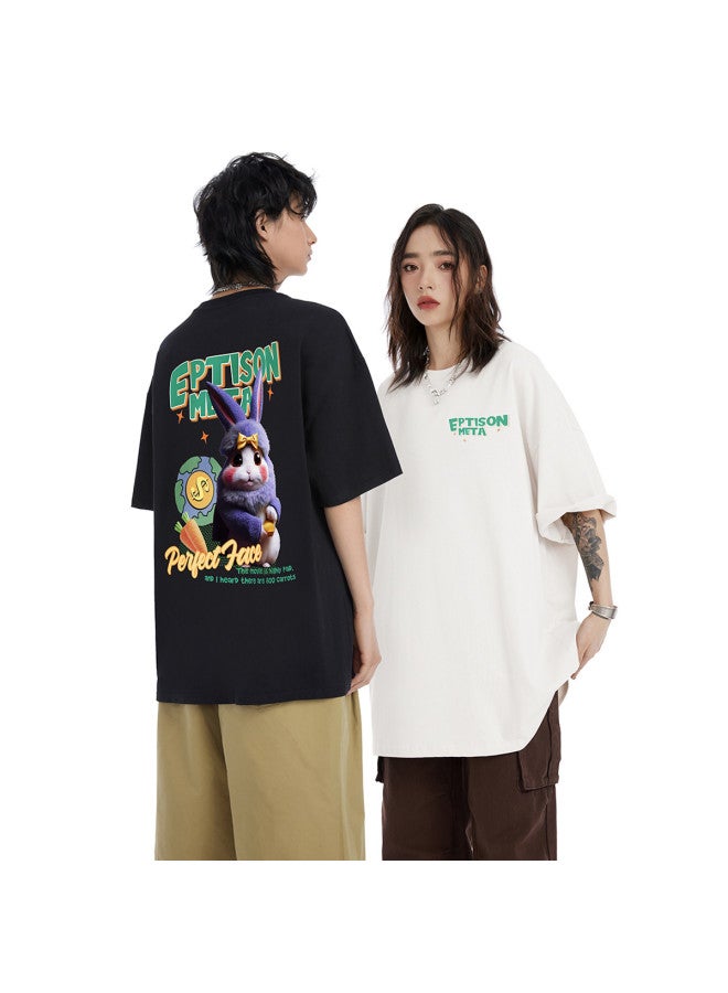 EPTISON Summer Youthful Cute Rabbit Print Short Sleeve Women's T-shirt - 230gsm Oversized Tee - Image 2