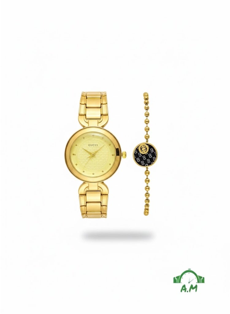 Gucci (GG Style) Watch & Bracelet Set for Women - All Gold-Tone Round Analog Watch with Yellow Dial and Black Monogram Charm Bracelet - Image 1