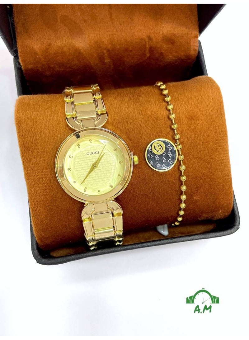 Gucci (GG Style) Watch & Bracelet Set for Women - All Gold-Tone Round Analog Watch with Yellow Dial and Black Monogram Charm Bracelet - Image 2