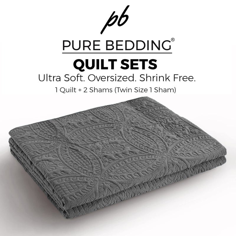 Pure Bedding Quilt Set Full/Queen Size Dark Grey - Oversized Bedspread - Soft Microfiber Lightweight Coverlet for All Season - 3 Piece Includes 1 Quilt and 2 Shams, Geometric Pattern - Image 5