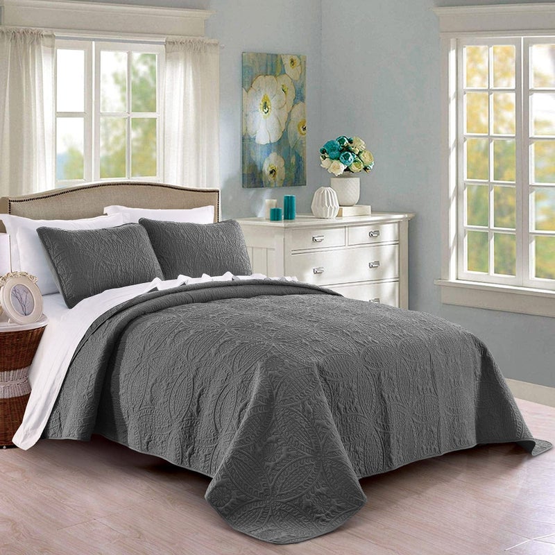 Pure Bedding Quilt Set Full/Queen Size Dark Grey - Oversized Bedspread - Soft Microfiber Lightweight Coverlet for All Season - 3 Piece Includes 1 Quilt and 2 Shams, Geometric Pattern - Image 1