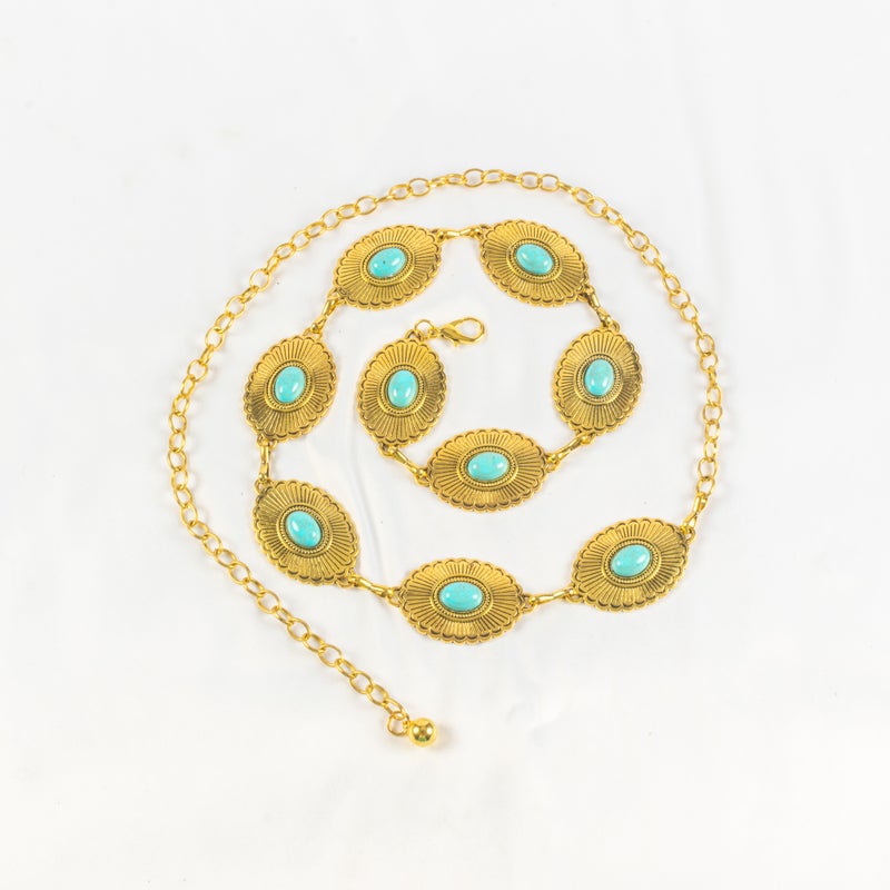 حزام وسط معدن حريمي ذهبي شكل قلب مرصع بحجر فيروزي - Image 1