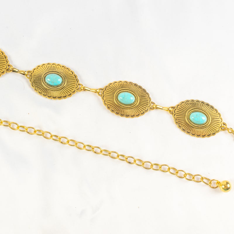 حزام وسط معدن حريمي ذهبي شكل قلب مرصع بحجر فيروزي - Image 2