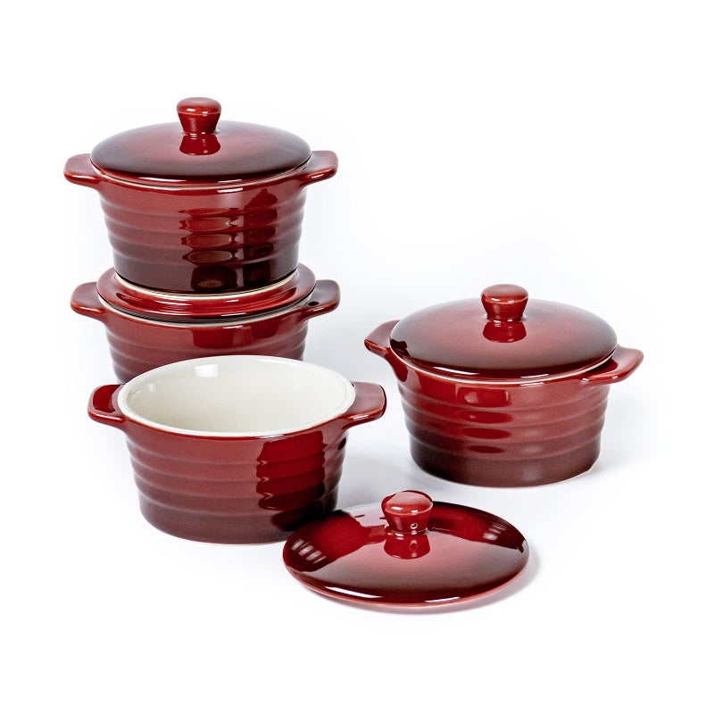 UNICASA 8 oz Ceramic Ramekins with Lid, Mini Casserole Dish with Handles Set of 4, Porcelain Small Baking Dish, Round Small Cocotte Oven Safe, Reactive Glaze (Red) - Image 1